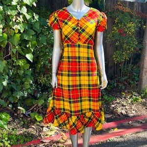 1970s Petiteen Primary Plaid Puff Sleeve Dress